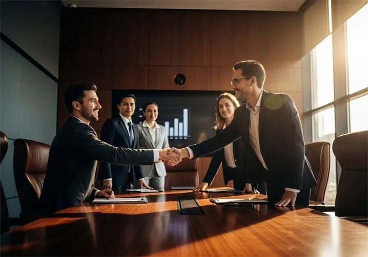Business professionals sealing a partnership handshake